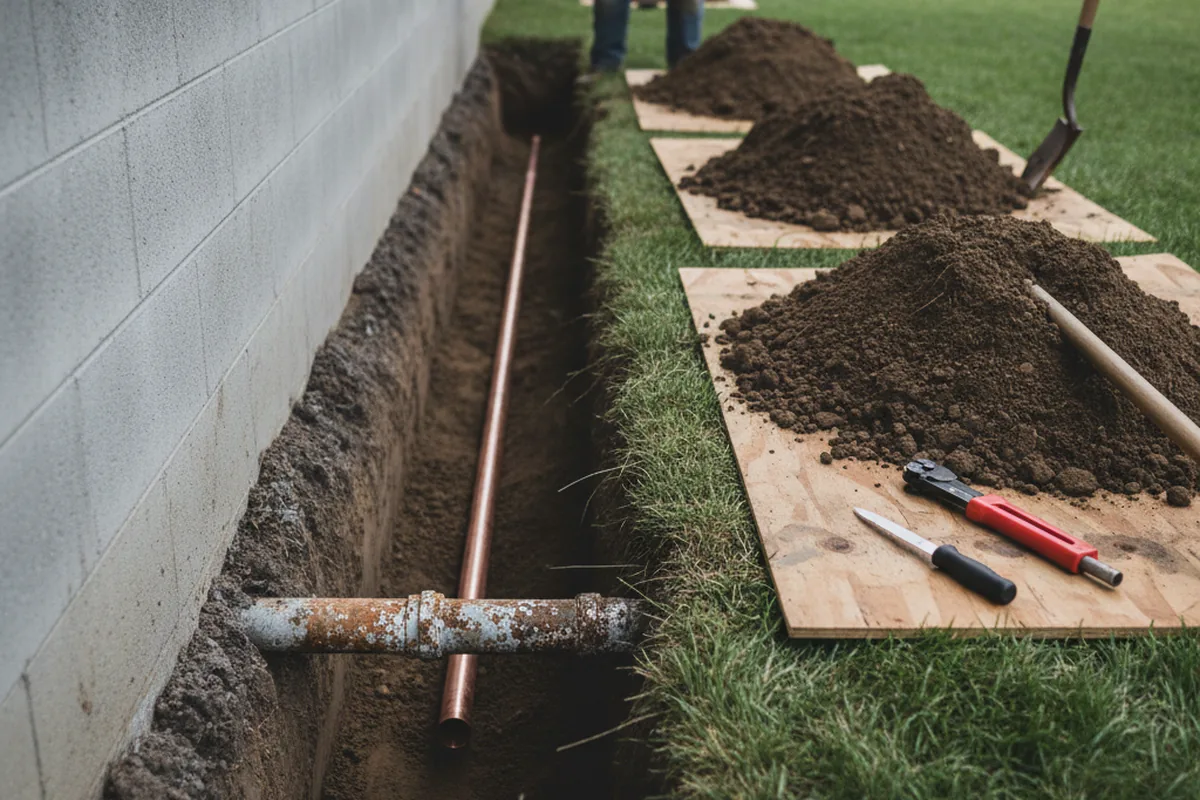 Excavated water line trench during Sewer Line Repair in Grass Lake